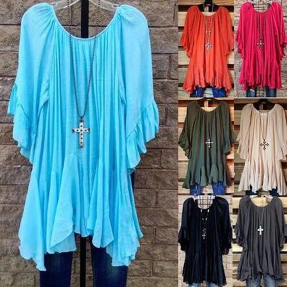 Women Summer Tunic Ruffle Irregular Casual Tops T Shirts Blouses Hem Fashion tshirt women 2019 | Женская одежда
