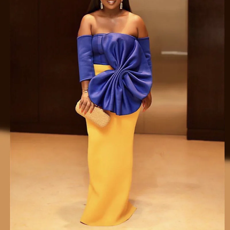 

Women Maxi Party Dress Sexy Big Bowtie Blue Yellow Contrast Color Elegant Backless Celebrate Dinner Party Evening Bodycon Robes