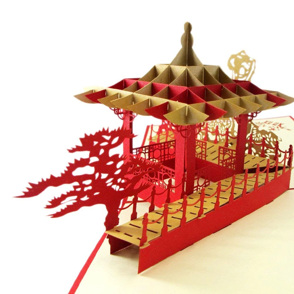  Creative 3D Gallery Pavilion Boat Greeting Card Pop UP Card Chinese Pavilion Holiday Wedding Birthd - 32971481292