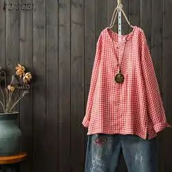 Топ Blusas 2018 для женщин повседневные плед Кнопка Блузка ZANZEA О образным вырезом свободная рубашка Леди Элегантный офис Blusa Femme сорочка Oversize