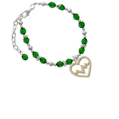 Goldtone Large Crystal Heart - Heartbeat Green Beaded Bracelet |