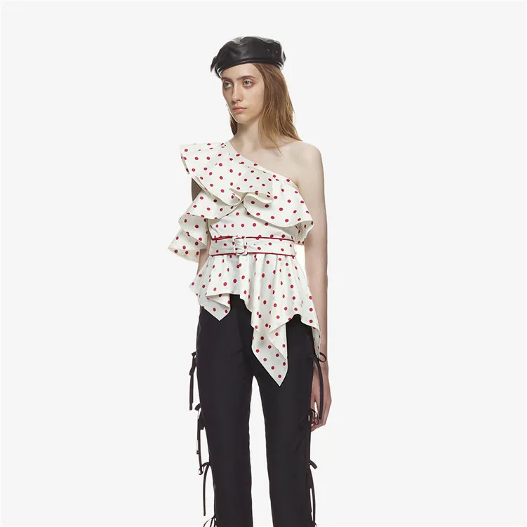 

2019 Spring New Red Lotus Leaf Edge Oblique Shoulder Wave Dot Shirt Irregular Woman Butterfly Sleeve Ruffled Polka Sleeveless