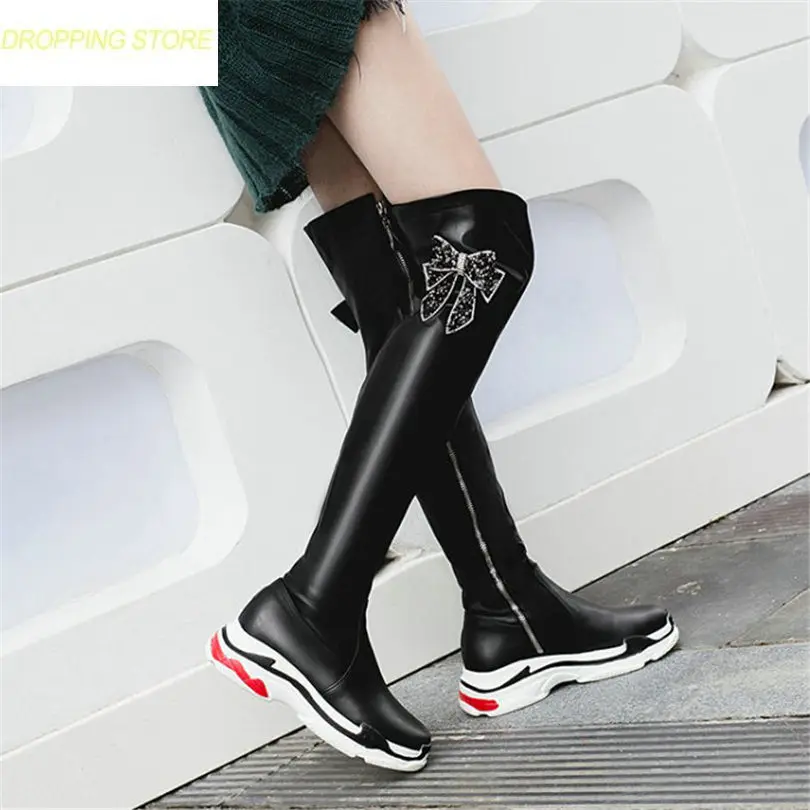 

Thigh High Boots Women Black White Over The Knee High Riding Booties Med Heel Tall Shaft Punk Sneaker Shoes Oxfords