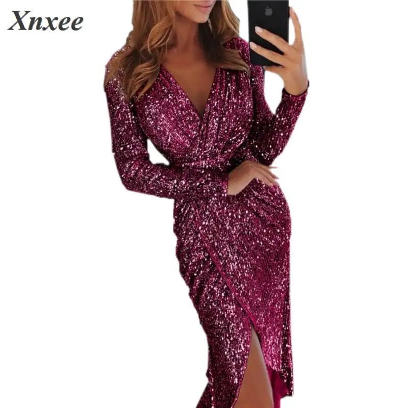 

Sexy party outfit Women's dress for woman V-neck Deep Shiny Sequins Wrap Ruched long sleeve Night Club bodycon dresses
