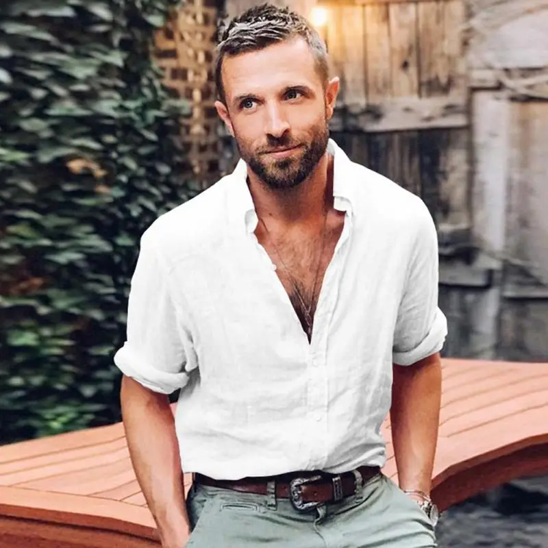 

Men Basic Shirt Solid Color Long Sleeve Cardigan Button Males Casual Lapel Grey Green White Shirt