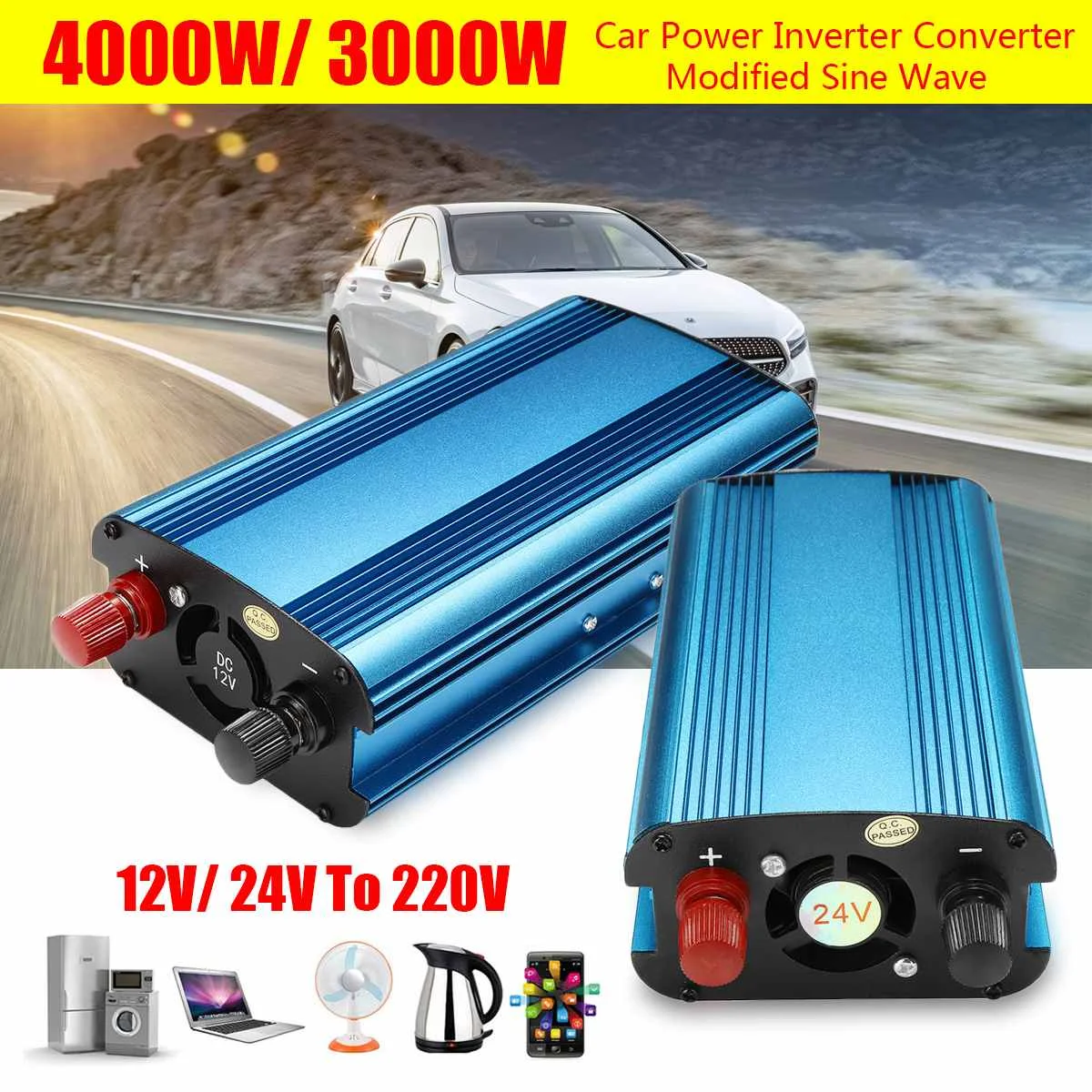 Солнечный Мощность инвертор 3000 W/4000 W DC 12/24 V до 220 В переменного тока автомобиля светодиодный синусоида конвертер USB встроенный вентилятор