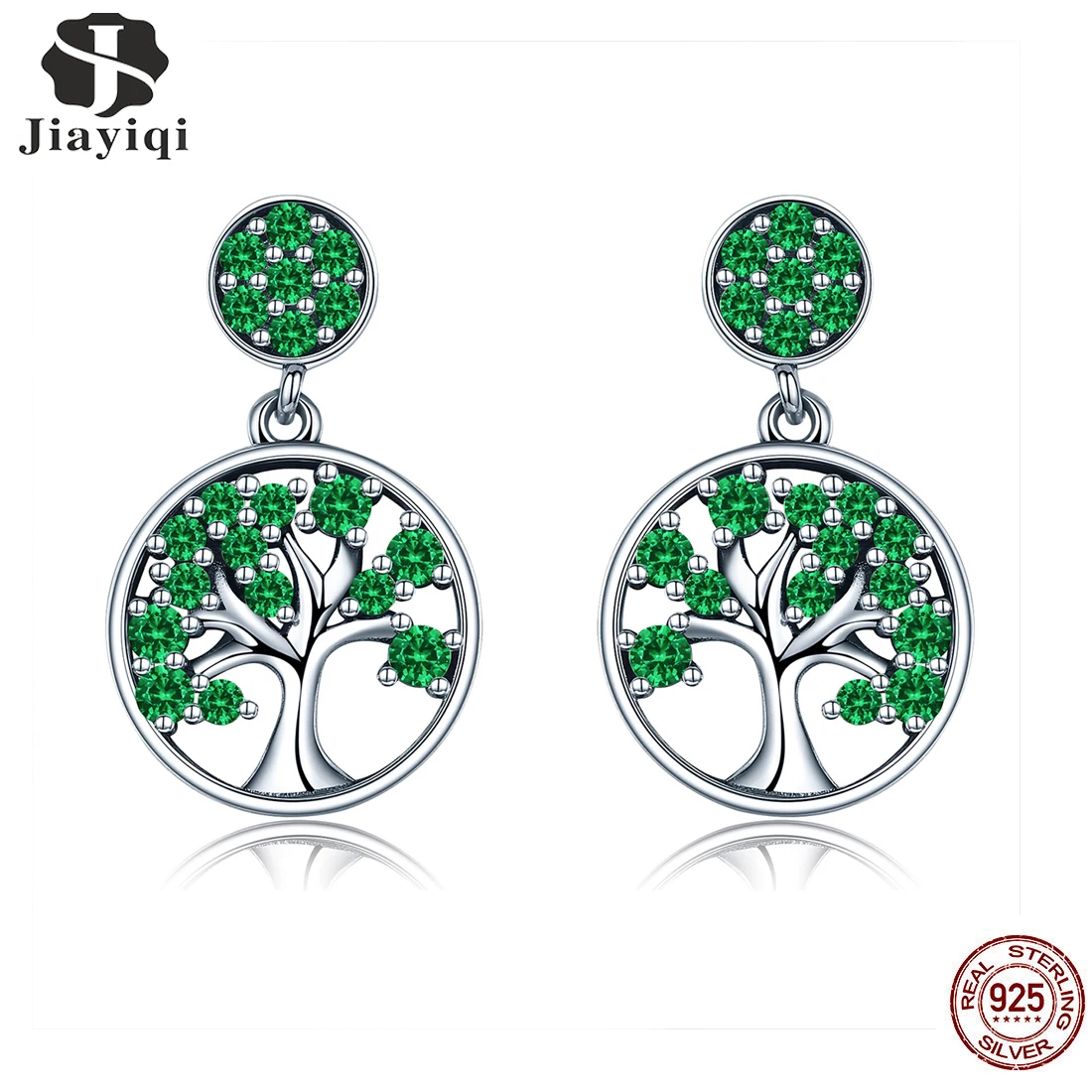 

Jiayiqi Hot Sale 100% 925 Sterling Silver Green Crystal Tree Of Life Tree Leaves Earrings Charm For Women Fashion Jewelry