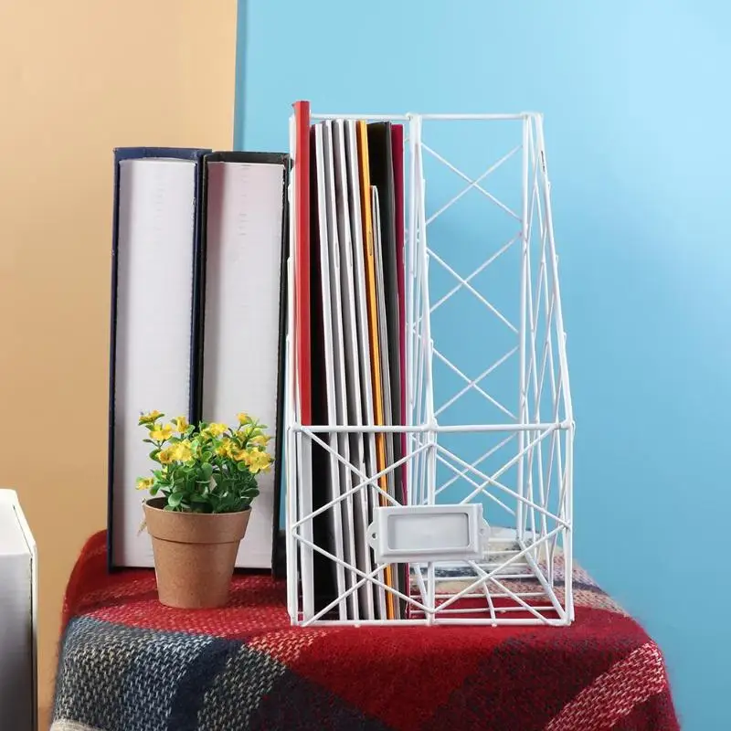 

Magazine Storage Box Shelf Iron Grid Storage Rack Metal Double Layers Desktop Book File Display Shelf Office Supplies