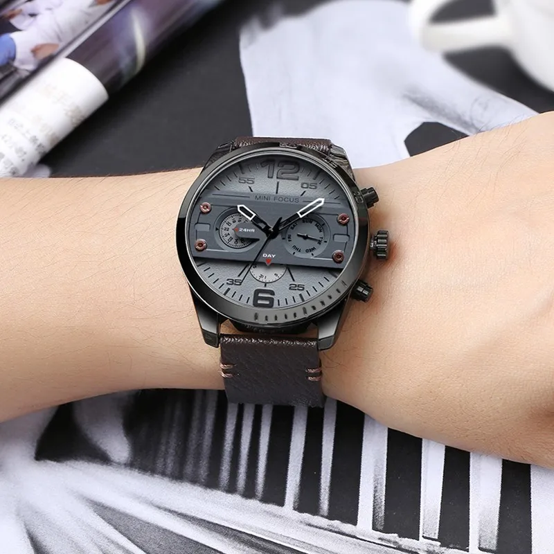 MINIFOCUS Man Watch 2019 Leather Military Men's Watch For Men Luxury Casual Mens Watches Quartz Top Brand Luxury Male Clock Date