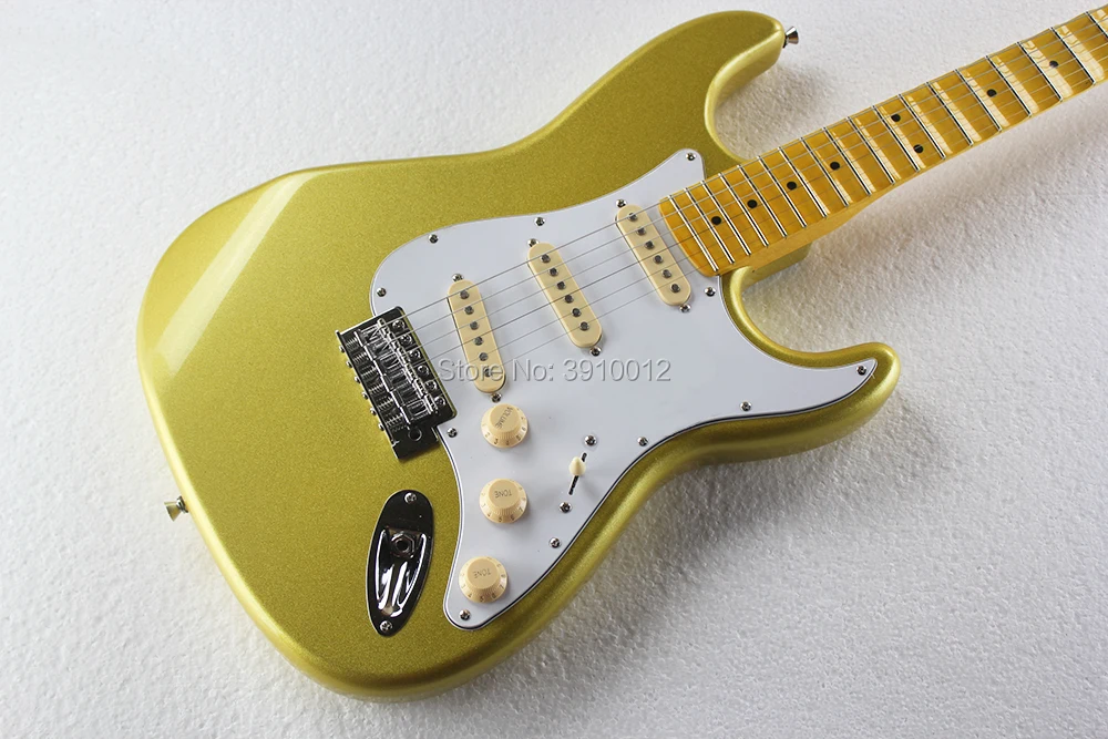 High quality Gold Electric Guitar with Yellow Scalloped Neck,White Pickguard,SSS Pickups,Chrome Hardware,Can be customized Free High quality Gold Electric Guitar with Yellow Scalloped Neck,White Pickguard,SSS Pickups,Chrome Hardware,Can be customized Free