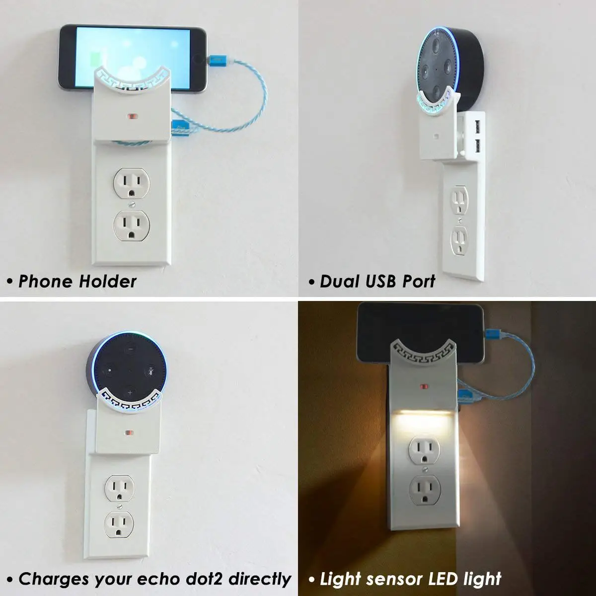 

USB Outlet Wall Plate Duplex with LED Night Light Echo dot2 Wall Mount Holder Charger Multi-Purpose Switch snap Type sockets