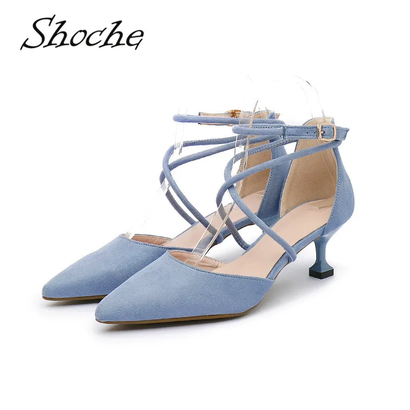 

shoche women cross strap high heels ladies kitten heels shoes female yellow blue sweet shoes pointed toe flock pumps