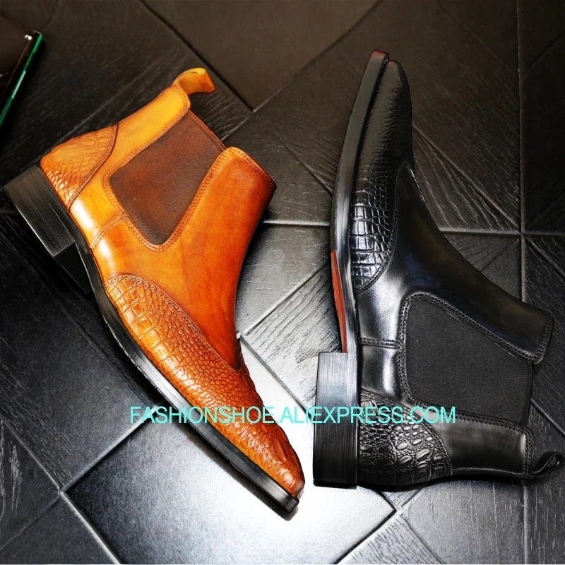 

Fall Winter Chelsea Boots Crocodile leather slip on Single Boots Leisure Shoes