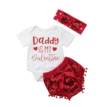 

Daddy Is My Valentine Newborn Baby Girl Clothing Set Summer Cotton Romper Tops+Sequins Bow Tassel Shorts Headband Outfits