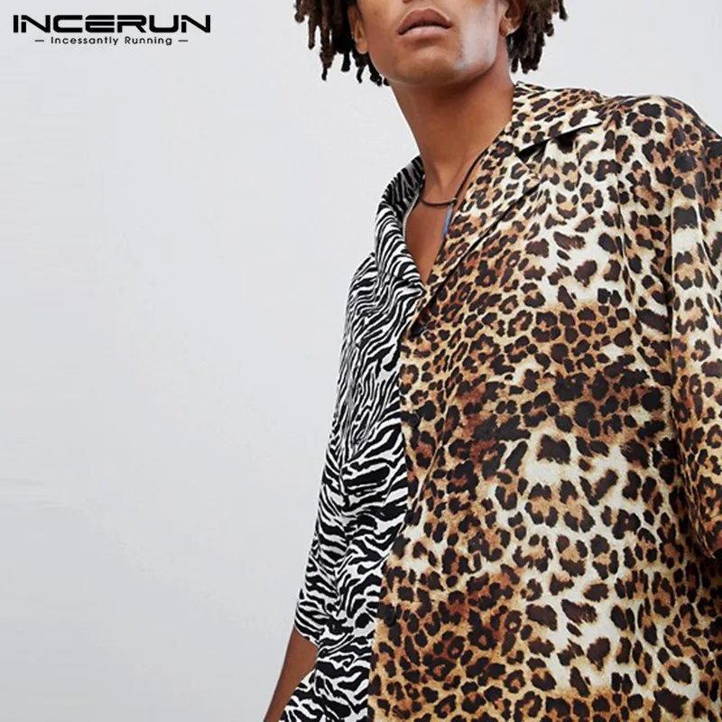 INCERUN уличная животных леопардовый Для мужчин рубашка Лоскутная нагрудные короткий рукав Повседневная рубашка Для мужчин стильные Топы Camisa S-5XL