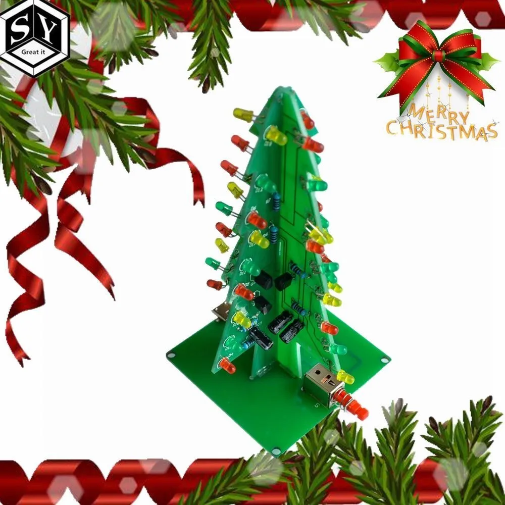 

GREAT IT 1PCS Three-Dimensional 3D Christmas Tree LED DIY Kit Red/Green/Yellow LED Flash Circuit Kit Electronic Fun Suite
