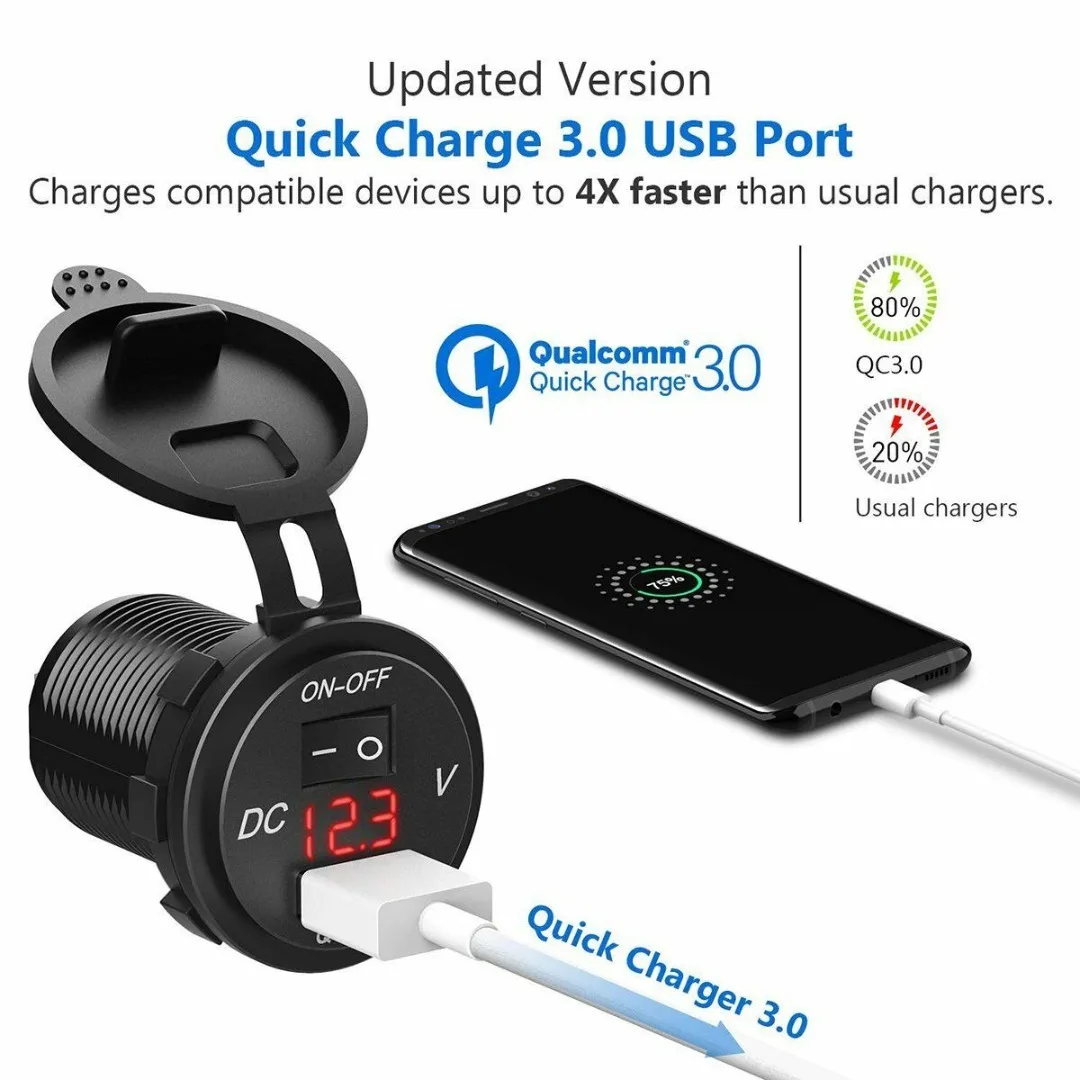 QC 3.0 USB دراجة نارية قارب شاحن سيارة محول مأخذ التوصيل LED الفولتميتر مع التبديل مهايئ شاحن المقبس ل دراجة نارية شاحنة
