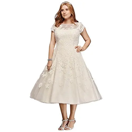 Plus Size Oleg Cassini Cap Sleeve Tea Length Wedding Dress Style