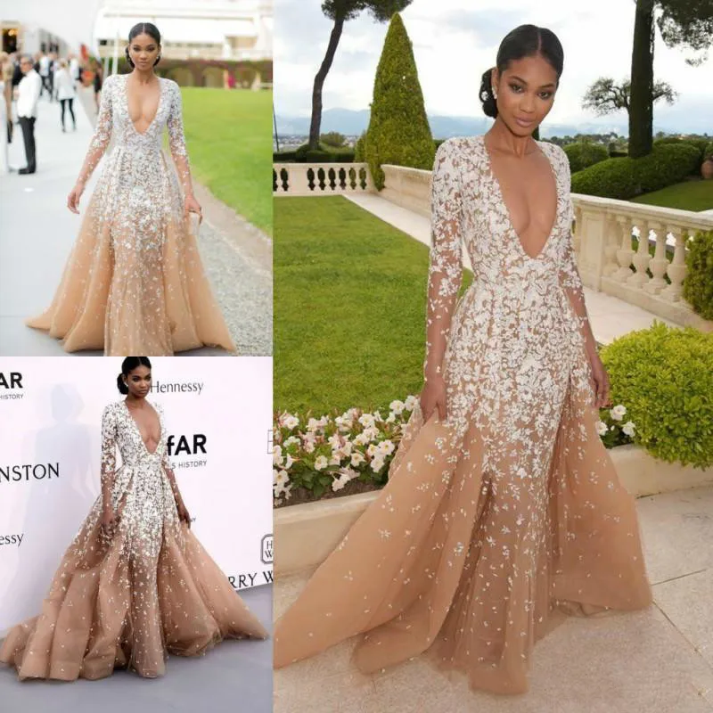Best Price 2018 Diepe V-hals Prom Dresses Champagne Kleur Wit Applicaties Illusion Lange Mouwen Avondjurken Formele Party Jurken