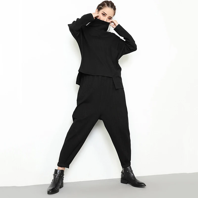  [EAM] 2020 New Autumn Winter High Elastic Waist Black Loose Pocket Long Brief Harem Pants Women Tro