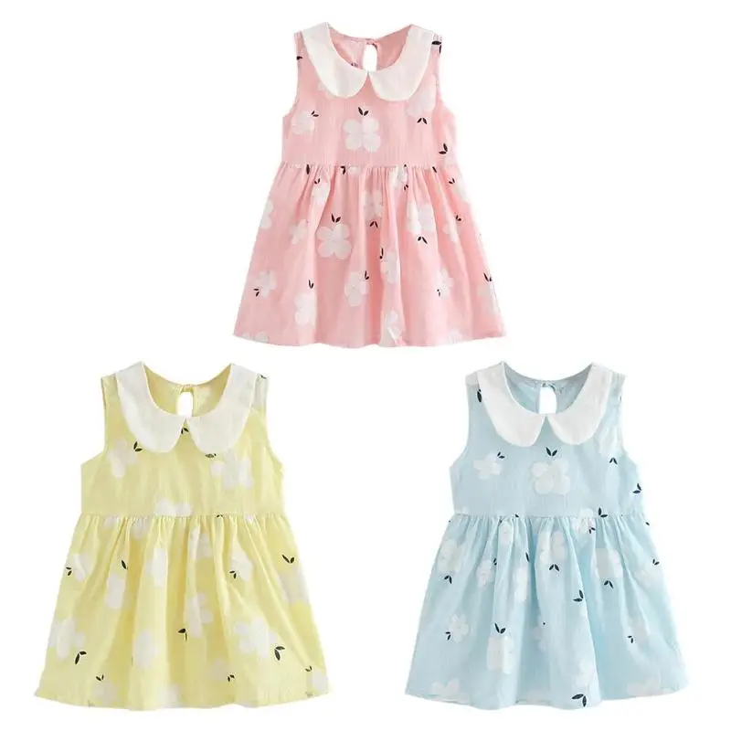 

Summer Kids Girls Sleeveless Cotton Floral Print Princess Doll Collar Dress
