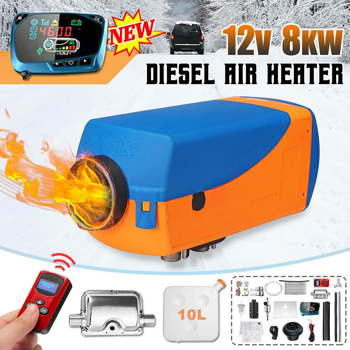 

12V 8000W LCD Monitor Parking Air Diesels Fuel Heater Single Hole For Boats Bus Car Heater With Remote Control and Silencer