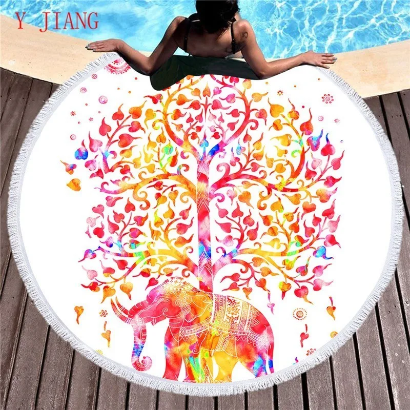 

Elephant Round Beach Towel With Tassels Black And White Tassel Tapestry Microfiber Yoga Mat Tree Printed Toalla Blanket 150cm