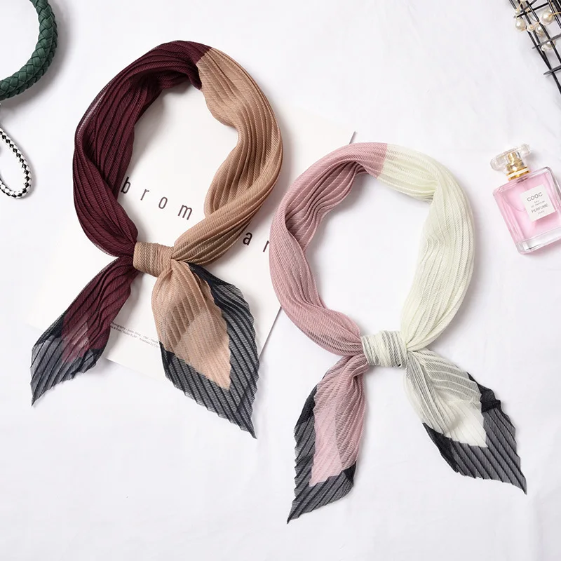 Woman Hair Scarf Women Fashion Joker Korean Style Color Spring And Autumn Season Scarves Print Crinkle Hijab Vintage Moda Mujer