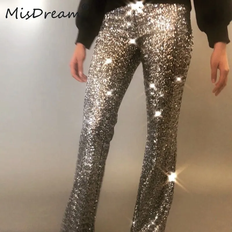 

MisDream Glitter Sequin High Waist Pants Women Sexy Night Party Paillette Flare Pants Gold Clubwear Side Zipper Shining Trousers