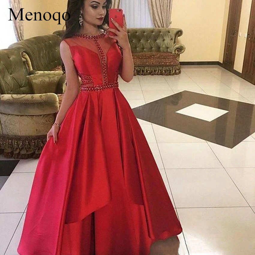 

Menoqo High Quality Red Crystal Prom Dresses Jewe Neck Cutaway Draped Prom Gown Satin Evening Party Gowns