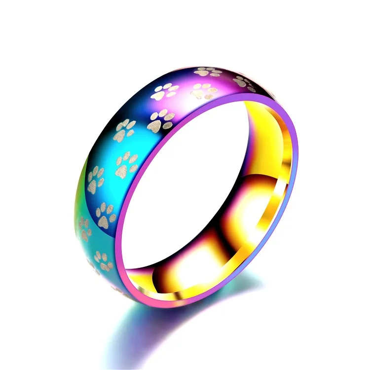 Fashion Stainless Steel Colorful Rainbow Cute Paw Printing Wedding Ring Women Men Jewelry | Украшения и аксессуары