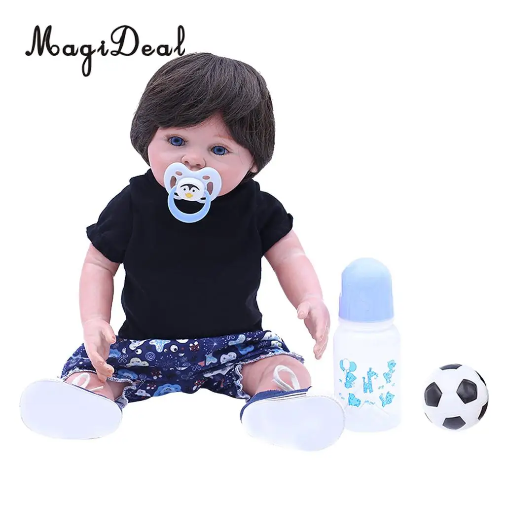 

18inch Lifelike Newborn Baby Doll Simulation Silicone Reborn Boy Infant With Magnet Pacifier Feeding Bottle Mini Football Toy