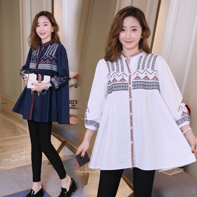 new loose embroidery pregnant women shirts plus size long sleeve v-neck single breasted cotton blouses maternity mini dress