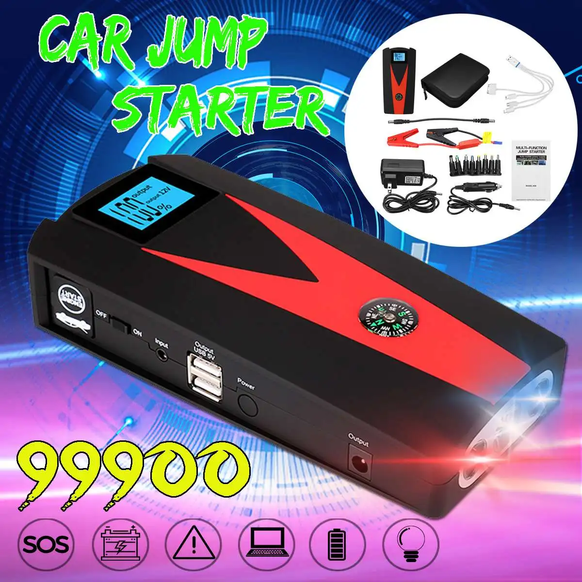 99900mAh High Power Car Jump Starter 12V 800A LED Power Bank For Portable Car Battery Booster Charger Starting Device
