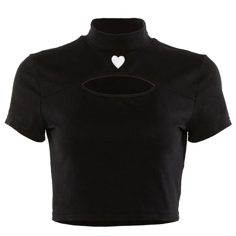

Summer Sexy Club Gothic Black Gothic Chic Black Harajuku OL Ladies Women T-Shirts Slim Heart Hole Print Streetwear Punk Top Tees