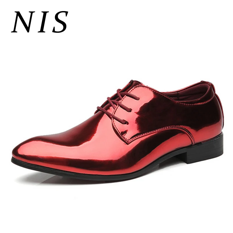 

NIS Fashion Bright Patent Leather Shoes Men Oxford Pointed Toe Lace Up Business Men Dress Shoes Wedding Formal Footwear Big Size