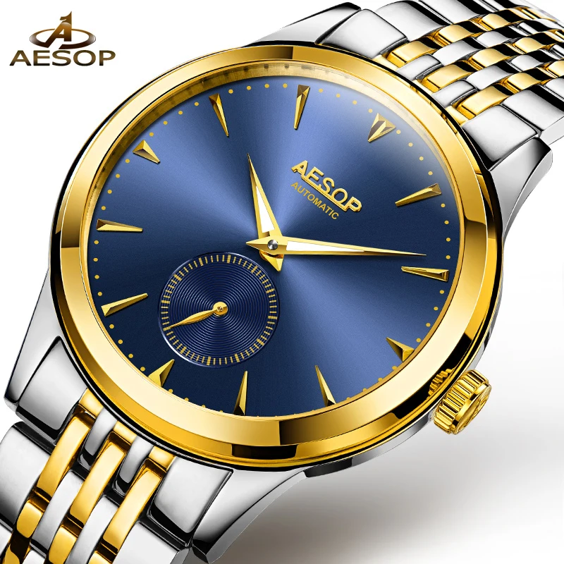 

Aesop Dress Watch Men Automatic Mechanical Blue Wrist Wristwatch Stainless Steel Band Male Clock Relogio Masculino Hodinky 9031g