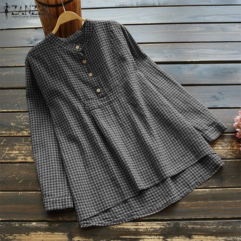 

S 5XL ZANZEA Vintage Check Plaid Blusas Vestidos 2019 Spring Casual O Neck Work OL Tops Women Long Sleeve Blouse Loose Shirts