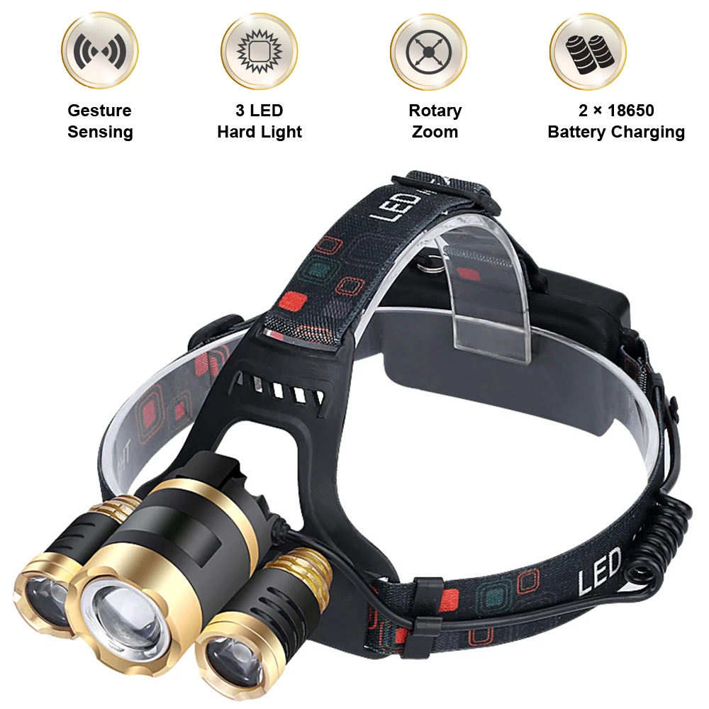 

30W 3 Leds Rechargable LED Headlamp T6 + 2X Q5 Led Headlighr 4 Switch Modes Fishing Lamp Waterproof Headlight 2X 18650 Batteries