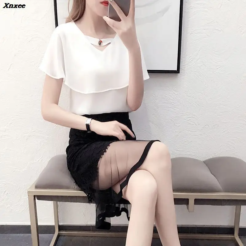 Женский летний комплект из 2 предметов, элегантная шифоновая блузка и черная сетчатая кружевная юбка-карандаш, комплект из 2 предметов, Xnxee, 2018