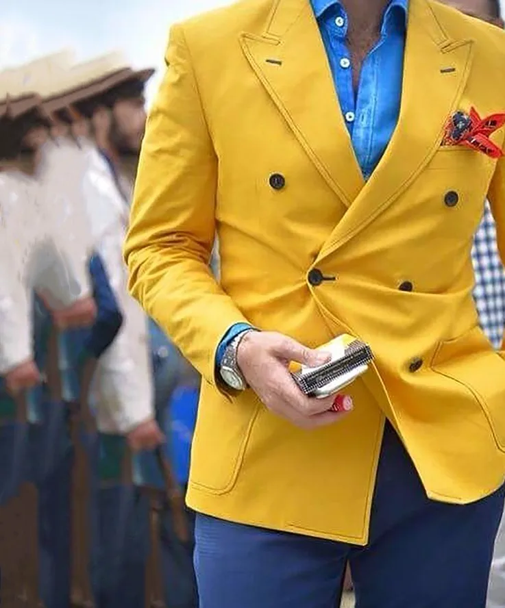 2019 Latest Coat Pant Designs Yellow Men Suits Double Breasted Custom Casual Prom Street Suits