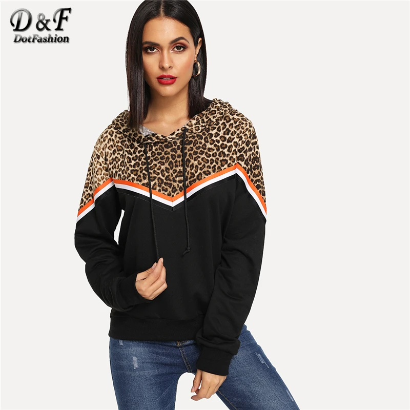 Dotfashion/разноцветная леопардовая контрастная полосатая толстовка с капюшоном, повседневные толстовки с длинными рукавами и завязками, женские осенние пуловеры, топы