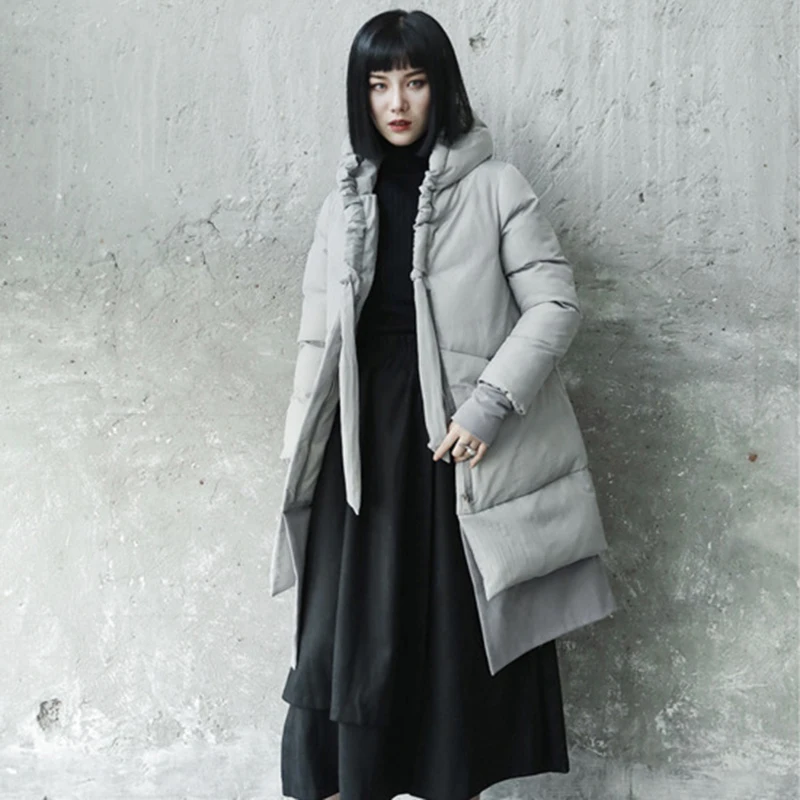 [EAM] весеннее зимнее женское Новое серое пальто с длинным рукавом и капюшоном с регулируемой талией и карманами Плиссированное тонкое пальто с хлопковой подкладкой LE875