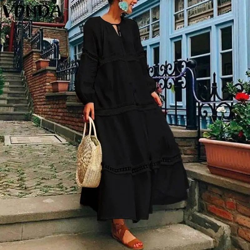 

VONDA 2019 Spring Bohe Style Women Long Maxi Dress Sexy Lantern Sleeve V Neck Lace Patchwork Casual Dresses Plus Size S-5XL