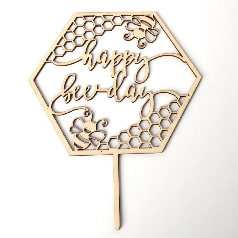 

Wooden Bee Shaped Glitter Happy Birthday Cake Topper Letter Gold Silver Cake Top Flag Decoration For Party Wedding Supplies