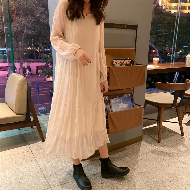 

2019 spring and autumn female long sleeve chiffon dress suits long lantern sleeve o-neck ankle-length maxi dress set beige/black