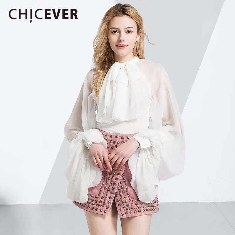 

CHICEVER Chiffon Shirt Female 2019 Summer Sexy Bow Lantern Sleeve Backless Womens Tops And Blouses Elegent Clothes Fashion New