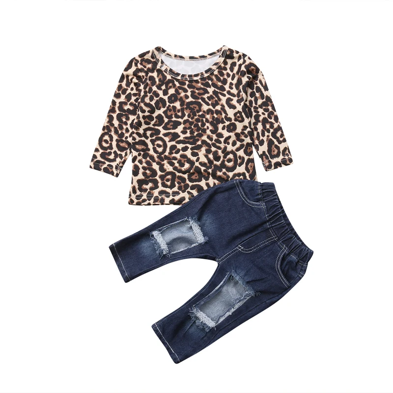 

Focusnorm New Fashion Baby Girls Leopard Outfit Kids Long Sleeve Tops T-shirt+Ripped Pants Jeans Clothes