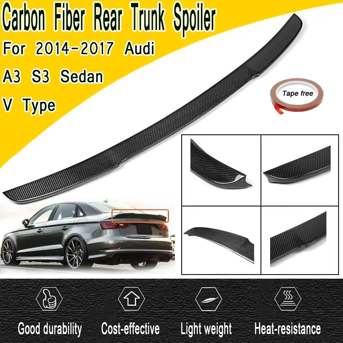 

Full Carbon Fiber Rear Trunk Spoiler Wings Lid For Audi A3 S3 RS3 For Sedan V Type 4Door 2014 2015 2016 2017 2018 Auto Parts