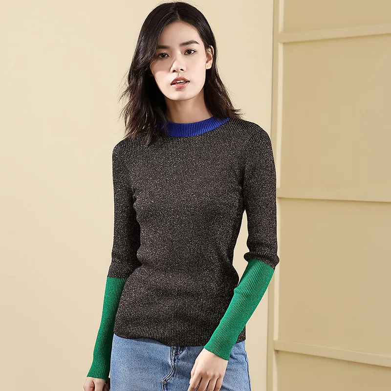 2018 Autumn and Winter sweater woman knitting pullover long sleeve spelling color fashion rendering sweater woman winter 18101 2018 Autumn and Winter sweater woman knitting pullover long sleeve spelling color fashion rendering sweater woman winter 18101